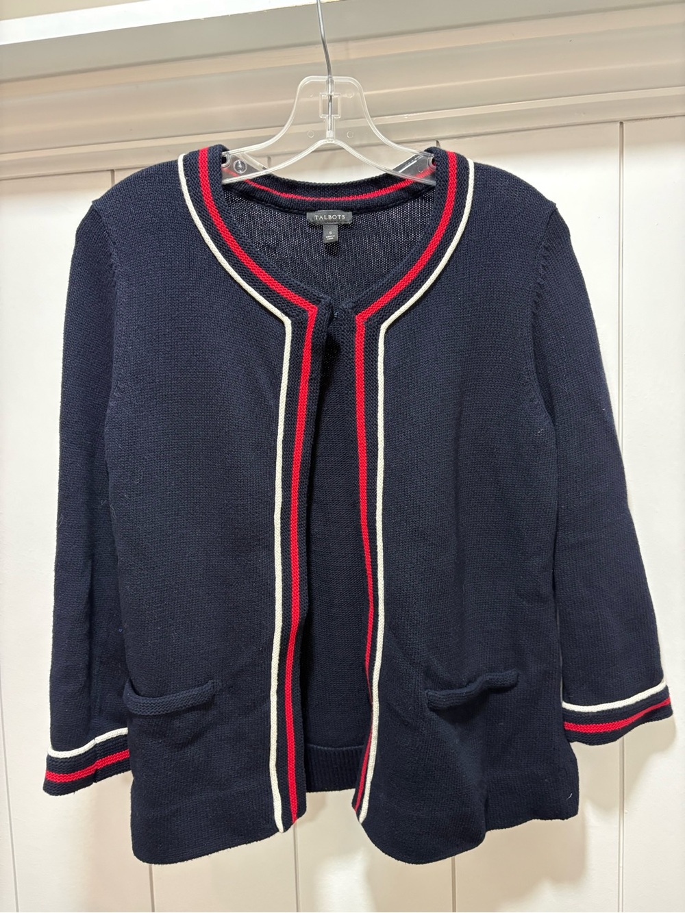 Talbots Womens Size Small Navy Open Front Cardigan Red White Trim Hook & Eye